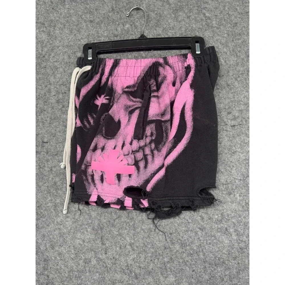 Unknown Brand Skull Print Distressed Sweat‎ Shorts Black Pink Streetwear Mens